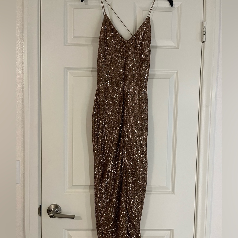 Fashion Nova MAKE IT SEXY SEQUIN MIDI DRESS Size Small Copper/brown